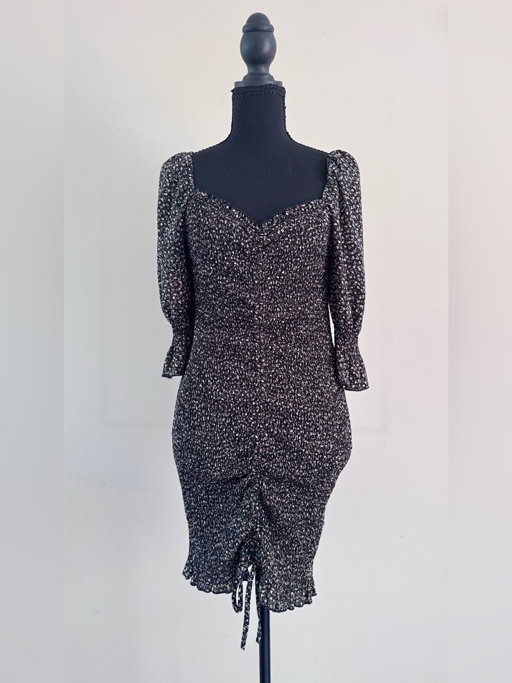 Blush Black Floral Smocked Sweetheart Midi Dress with Puff Sleeves